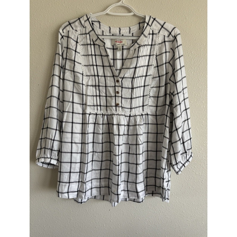 Wrangler Women's Plaid Peasant Blouse White Black Windowpane Size Medium